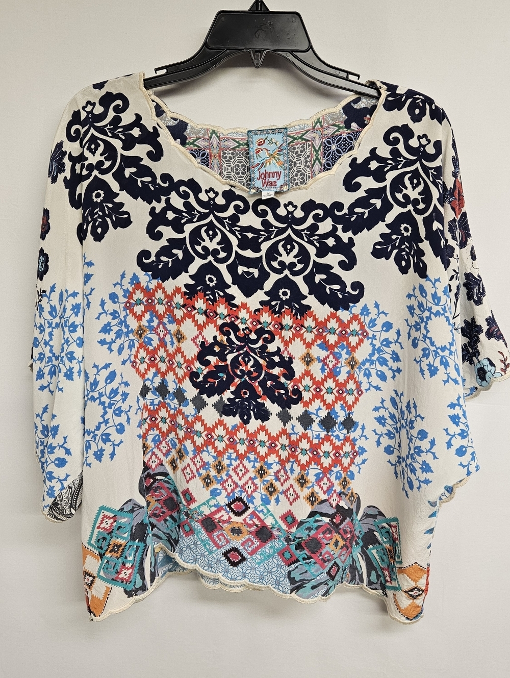 Johnny Was Top Womens M Floral Jade Blouse Tunic Blue Gingham Loose Flowy Boho